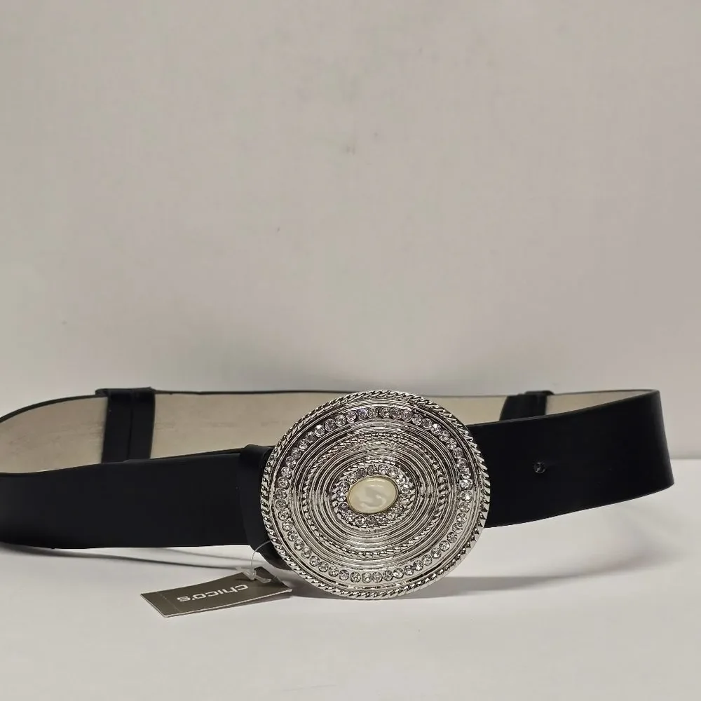 Chico's Black Embellished Boho Belt Rhinestones Buckle Size S/M Adjustable NWT